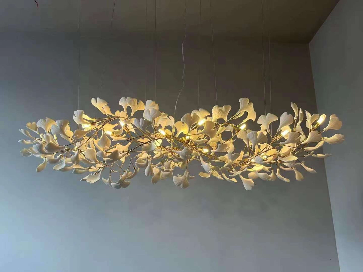 Gingko Leaves Linear Chandelier – Hand-Cast Porcelain Sculptural Pendant Light