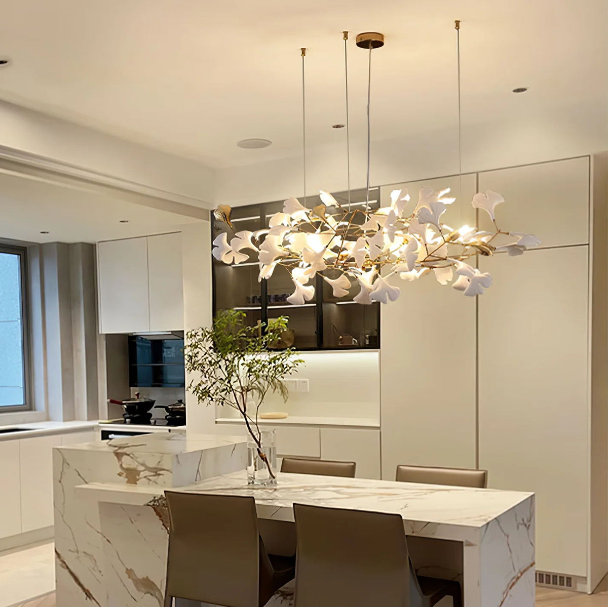 Gingko Leaves Linear Chandelier – Hand-Cast Porcelain Sculptural Pendant Light