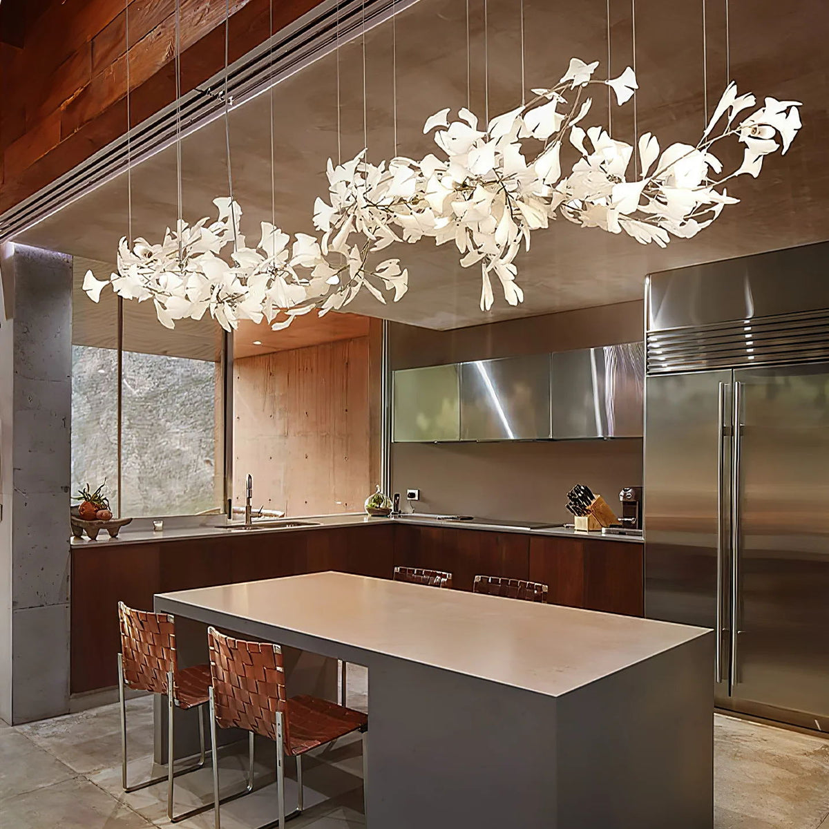 Gingko Leaves Linear Chandelier – Hand-Cast Porcelain Sculptural Pendant Light