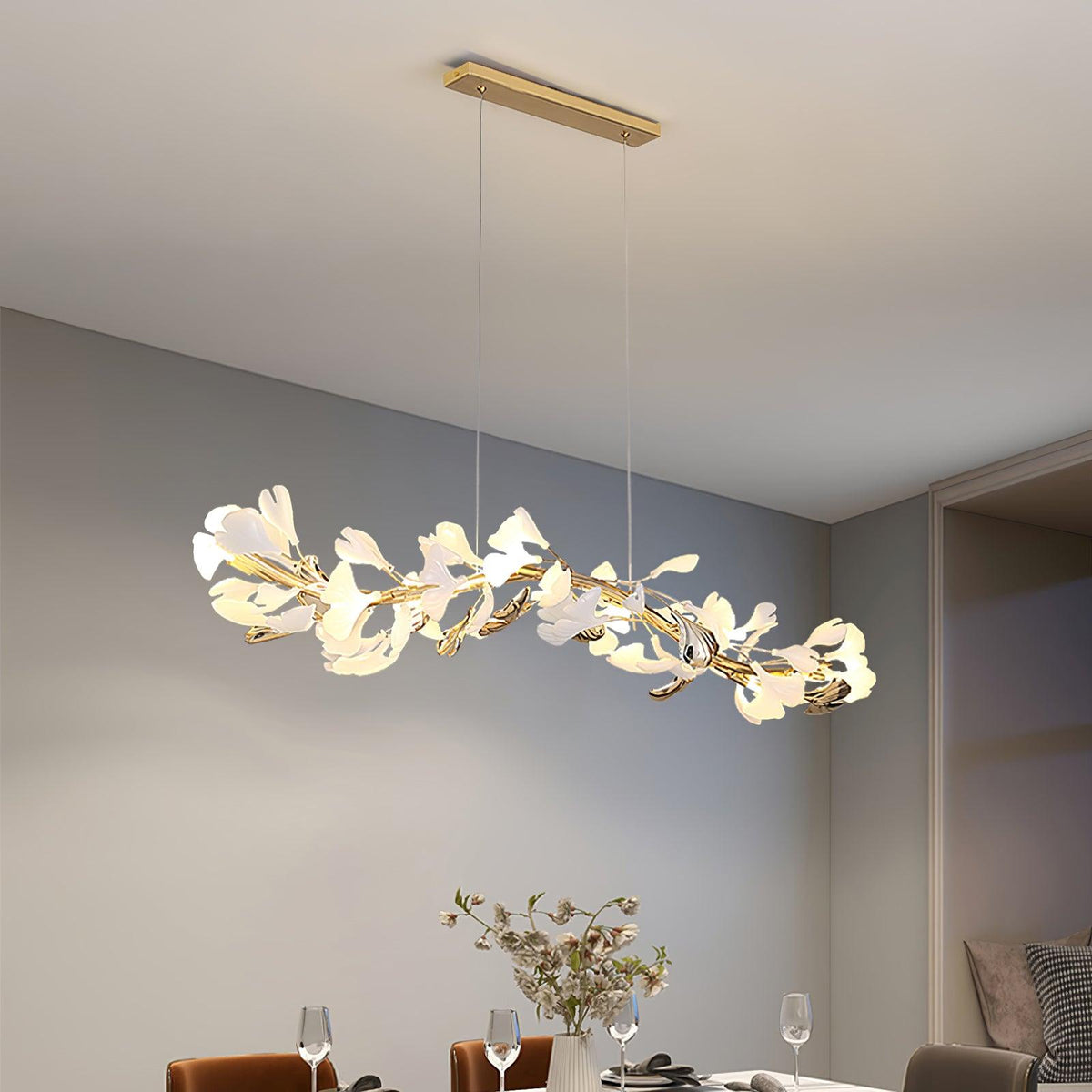 Gingko Garland Chandelier – Hand-Cast Porcelain Leaves in Brushed Gold