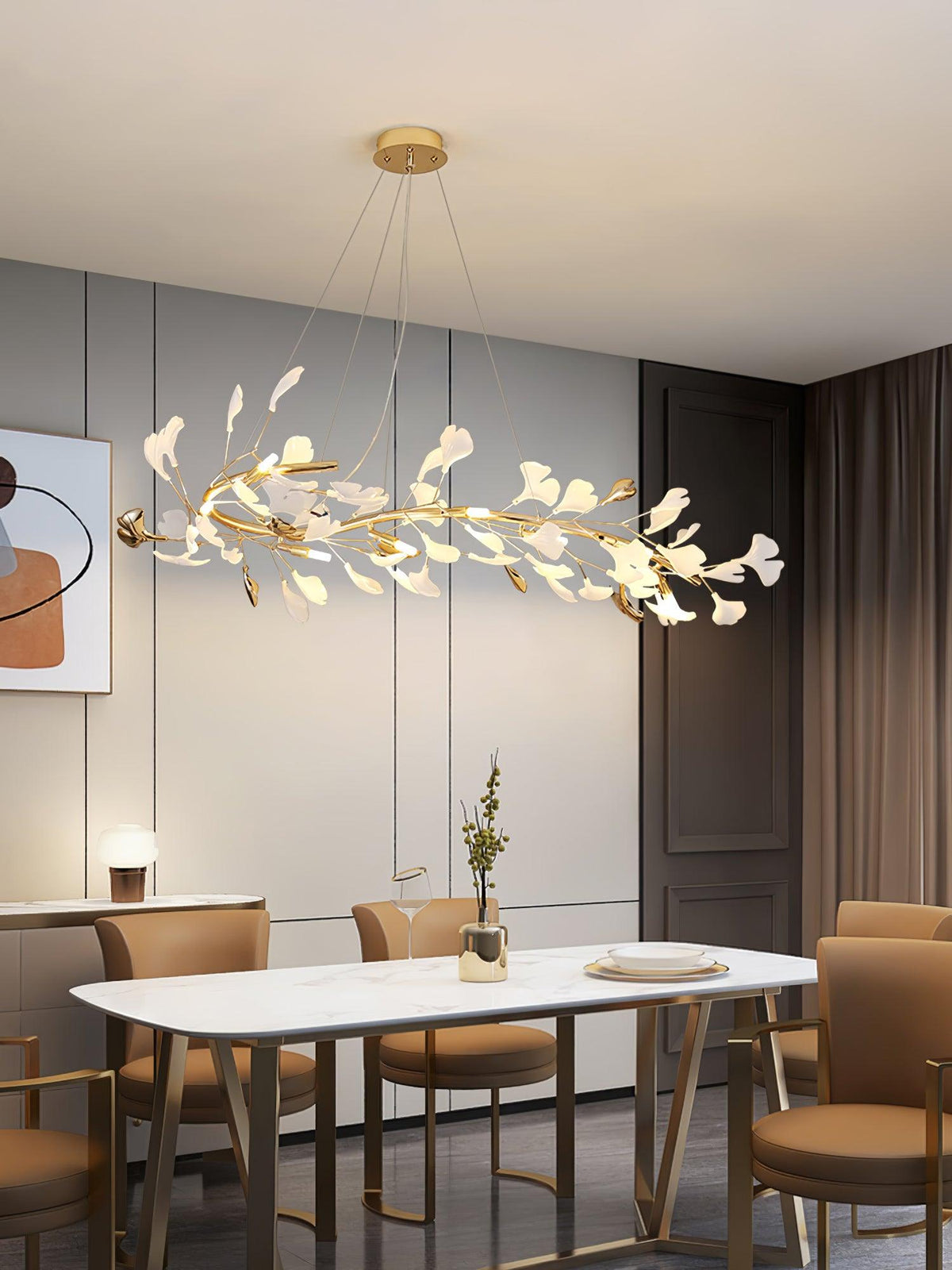 Gingko Garland Chandelier – Hand-Cast Porcelain Leaves in Brushed Gold