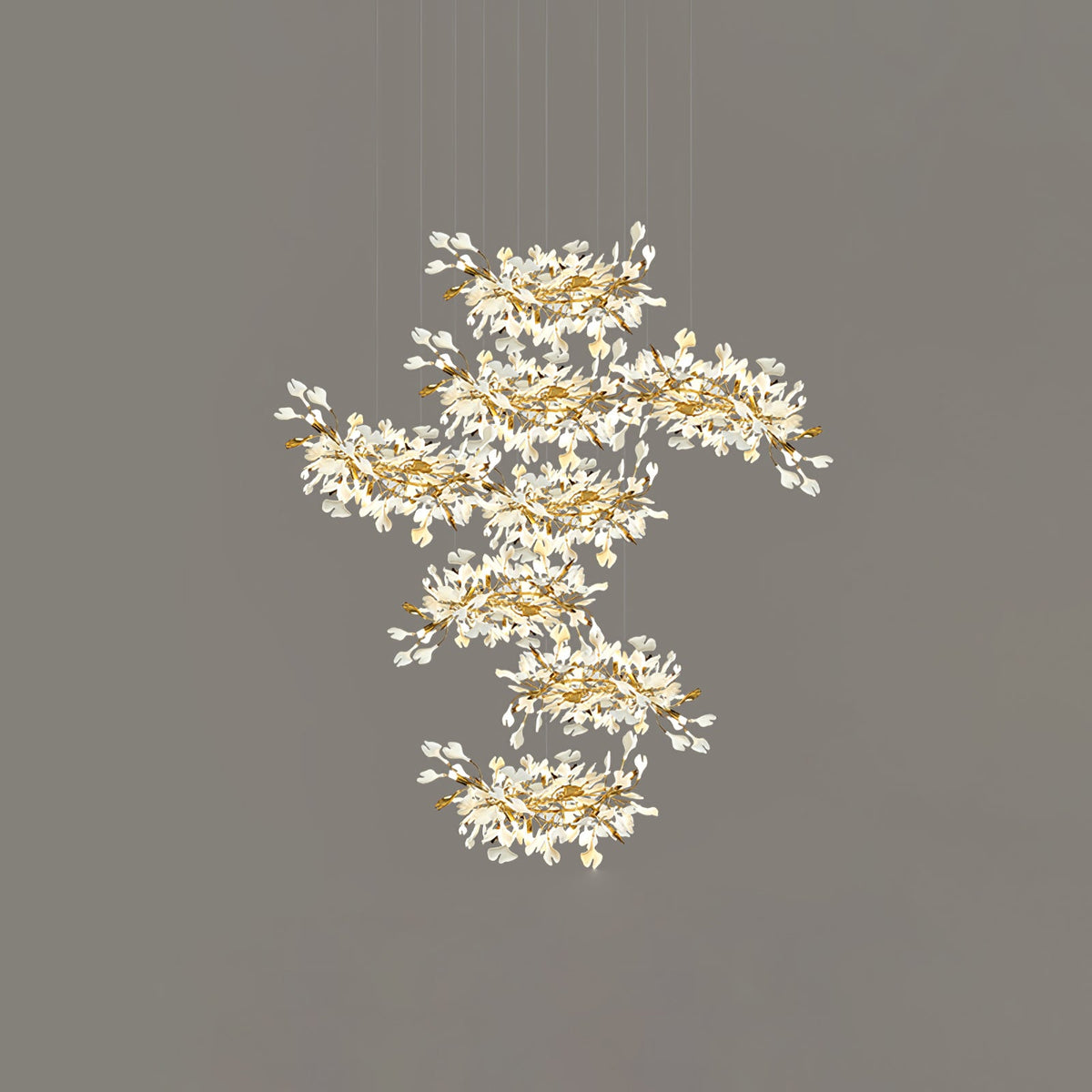 Gingko Leaves Linear Chandelier – Hand-Cast Porcelain Sculptural Pendant Light