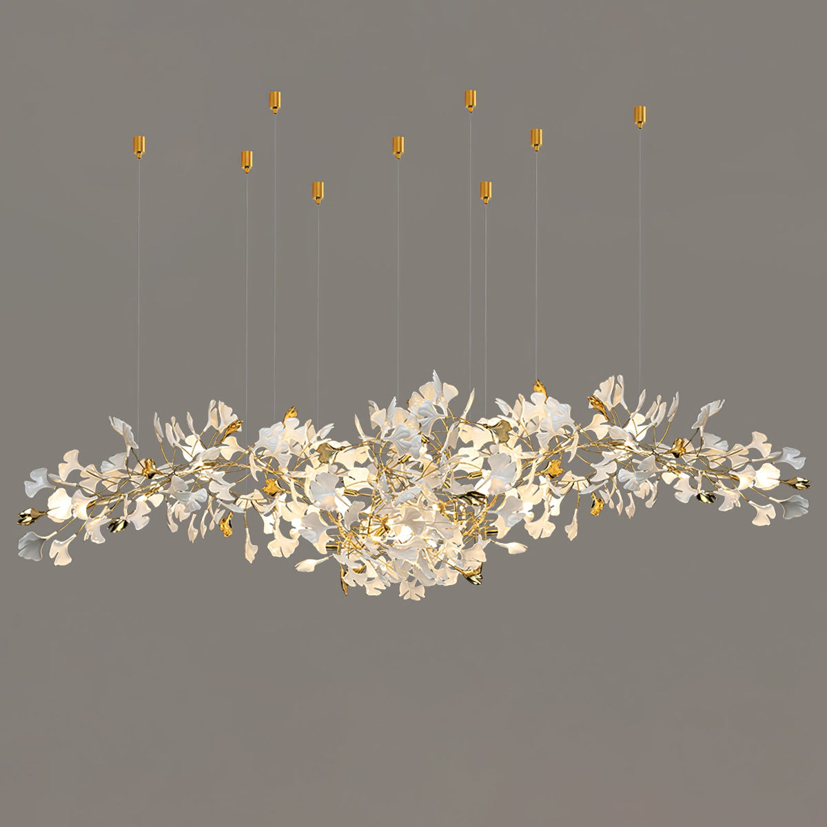 Gingko Drape Chandelier — Porcelain Ginkgo Leaves on Brass Branches