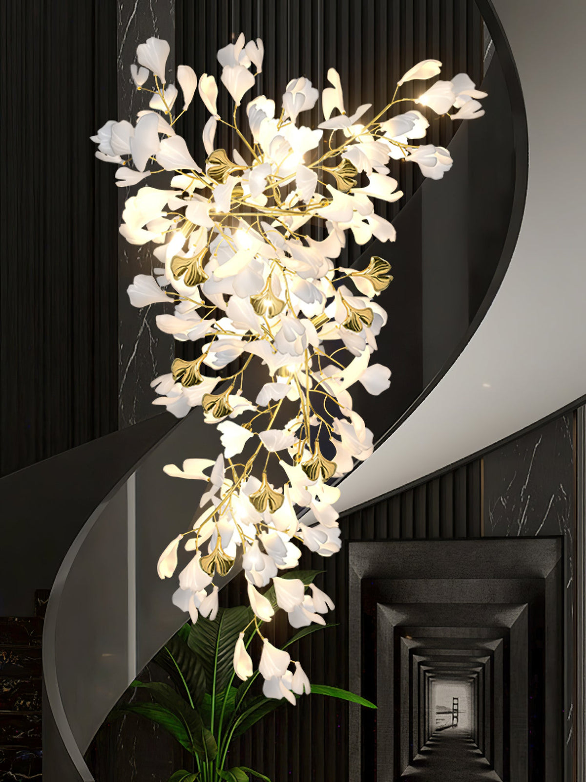 Gingko Drape Chandelier — Porcelain Ginkgo Leaves on Brass Branches