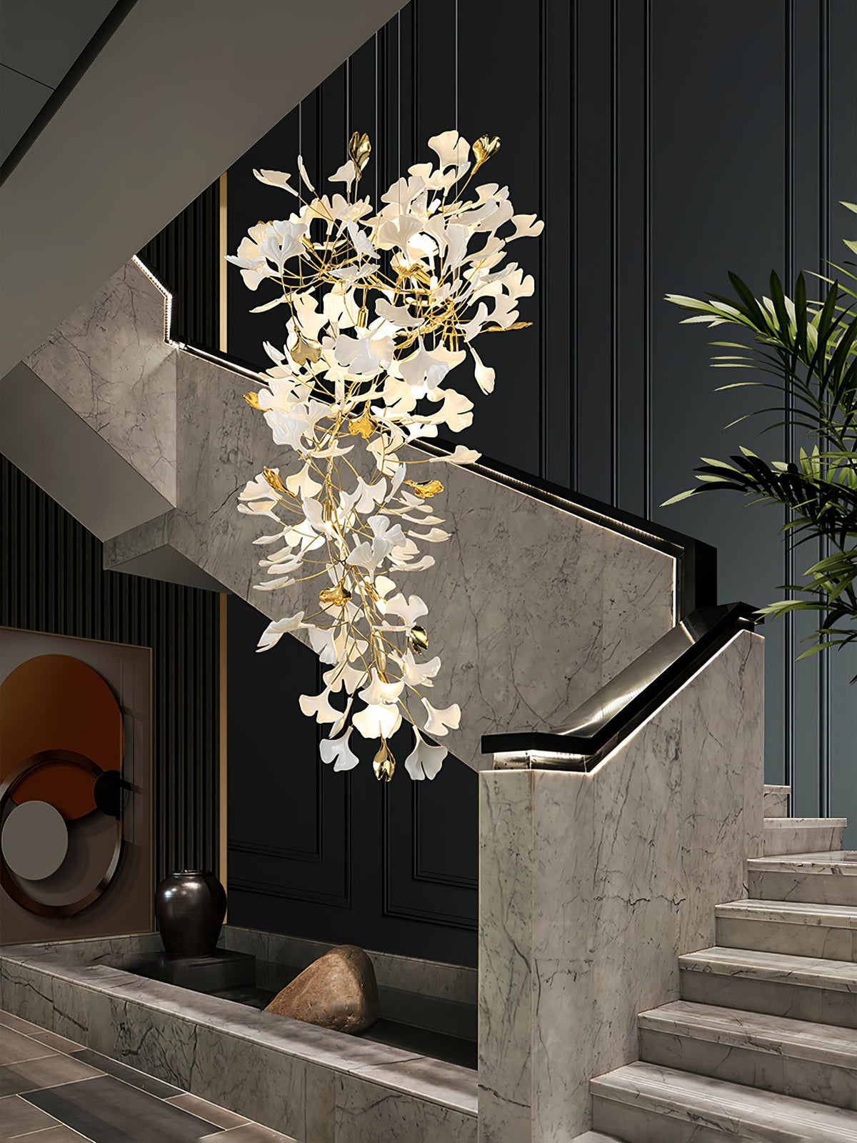 Gingko Drape Chandelier — Porcelain Ginkgo Leaves on Brass Branches