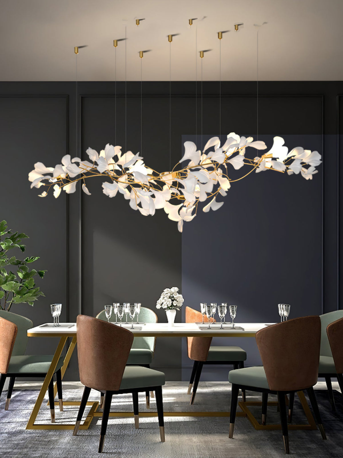 Gingko Drape Chandelier — Porcelain Ginkgo Leaves on Brass Branches