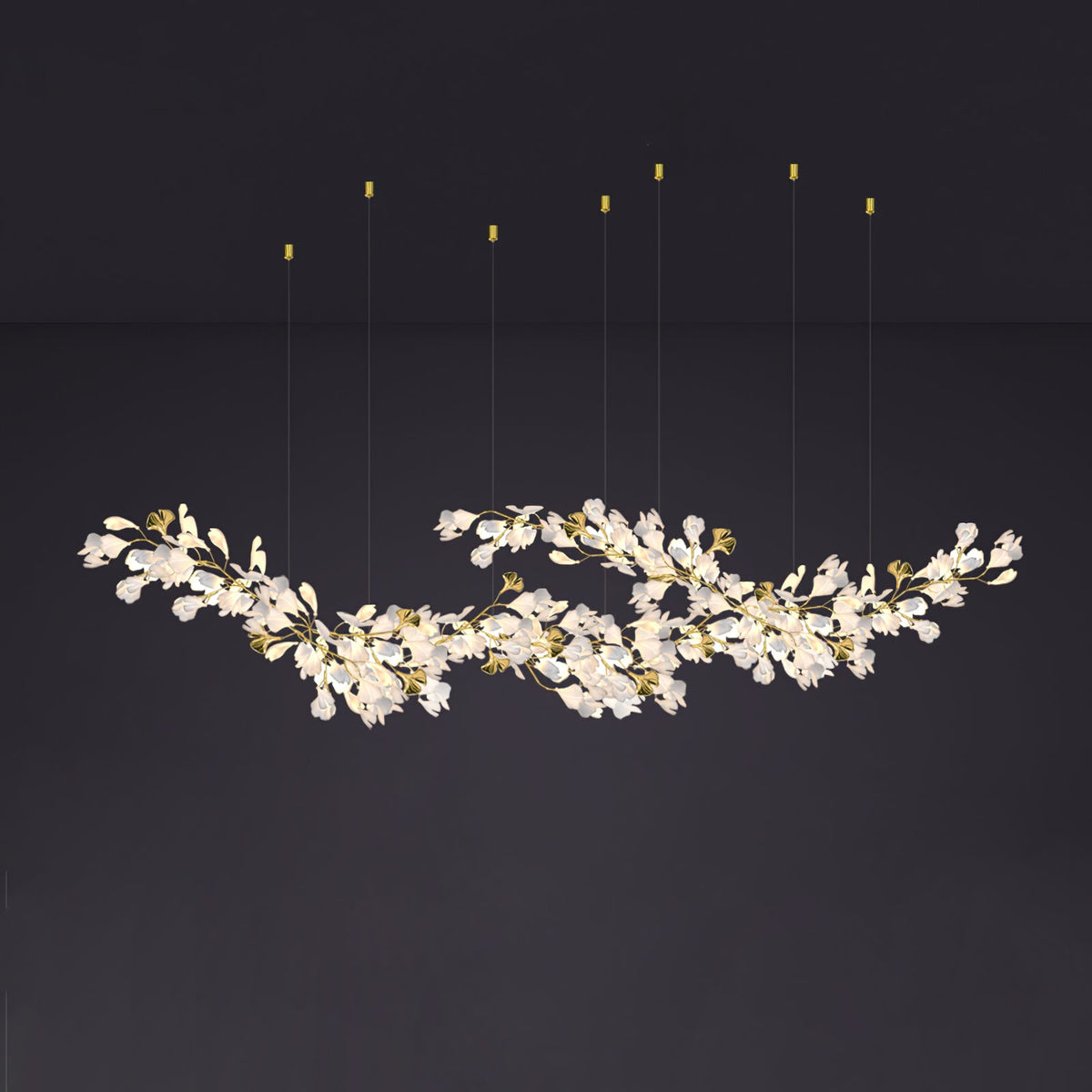 Gingko Drape Chandelier — Porcelain Ginkgo Leaves on Brass Branches