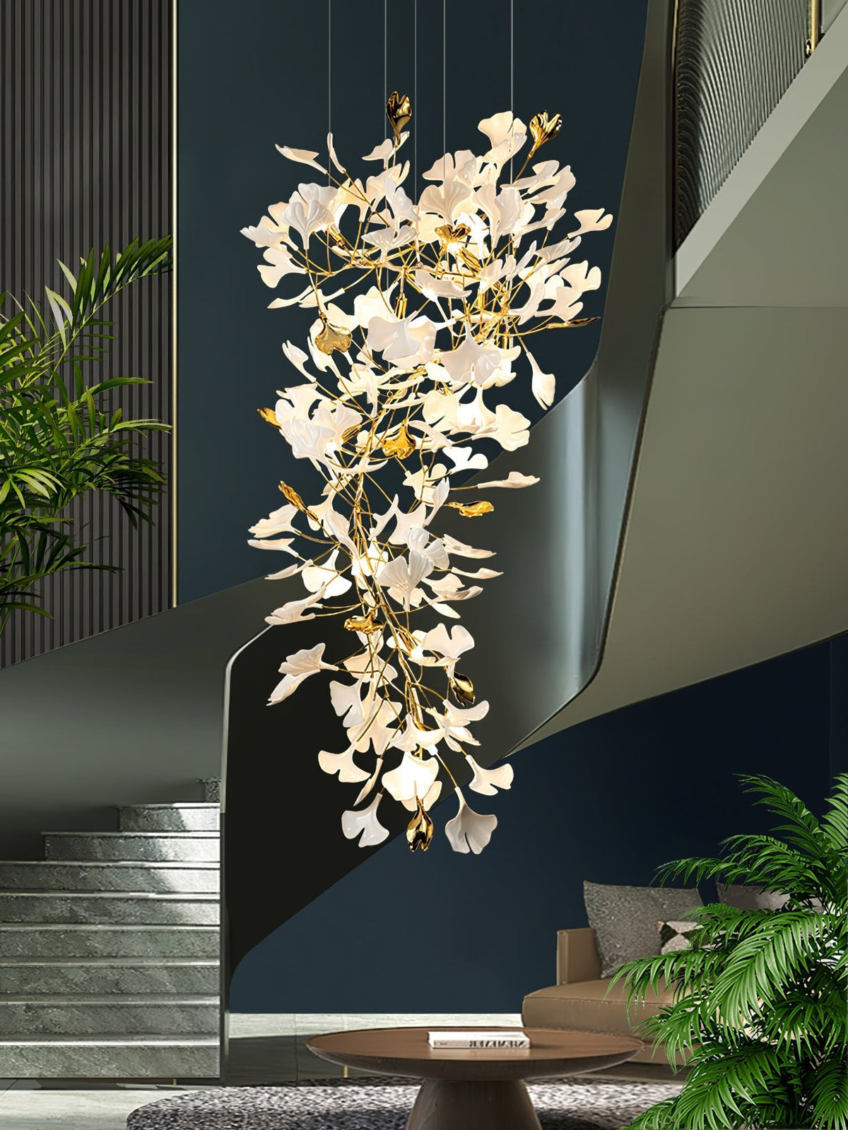 Gingko Drape Chandelier — Porcelain Ginkgo Leaves on Brass Branches