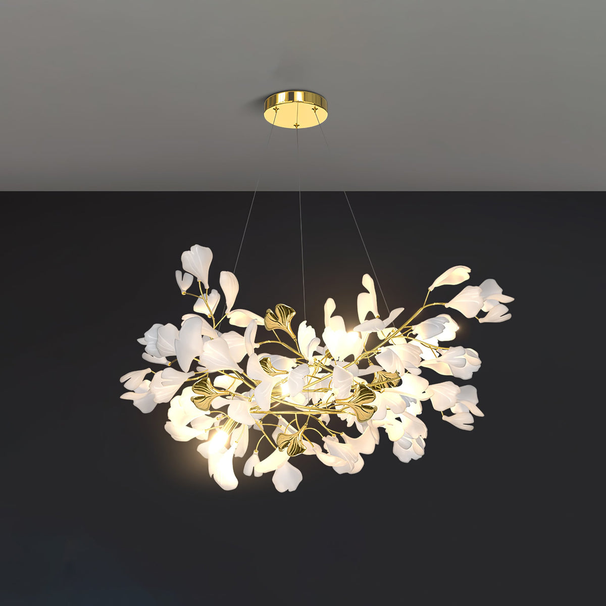 Gingko Drape Chandelier — Porcelain Ginkgo Leaves on Brass Branches