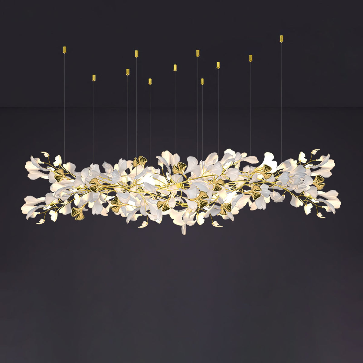 Gingko Drape Chandelier — Porcelain Ginkgo Leaves on Brass Branches