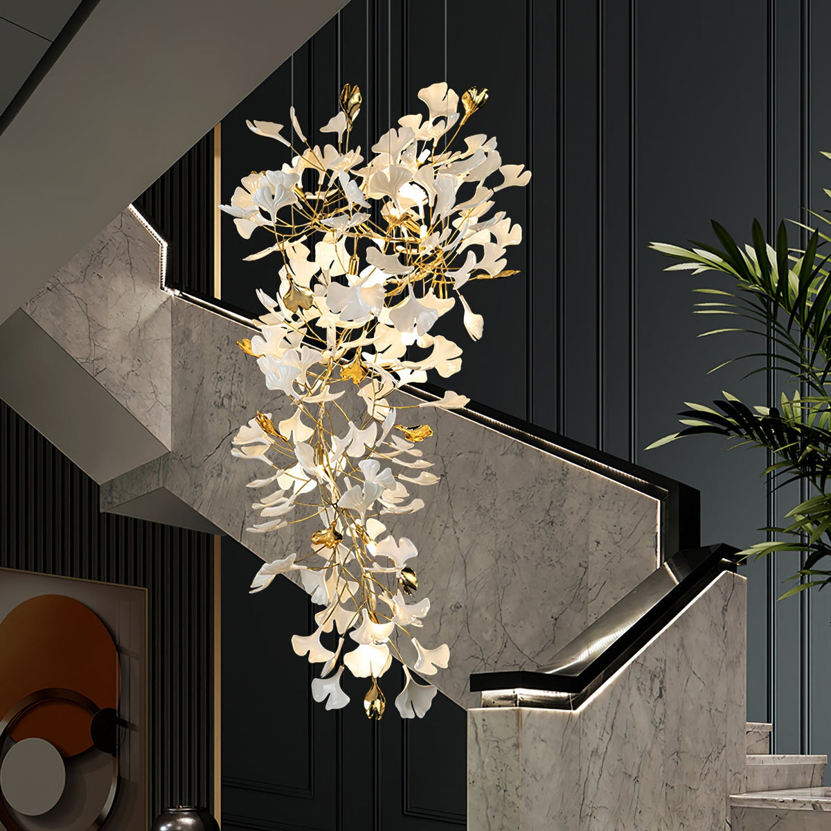 Gingko Drape Chandelier — Porcelain Ginkgo Leaves on Brass Branches
