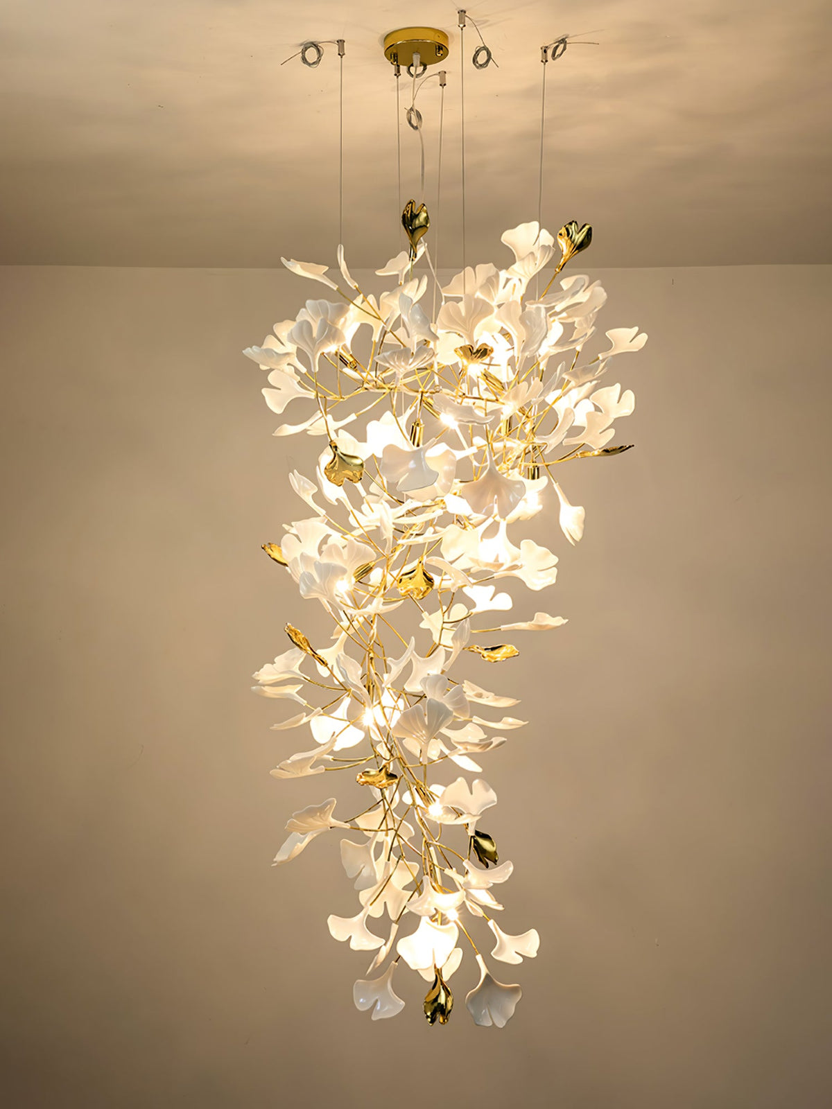 Gingko Drape Chandelier — Porcelain Ginkgo Leaves on Brass Branches