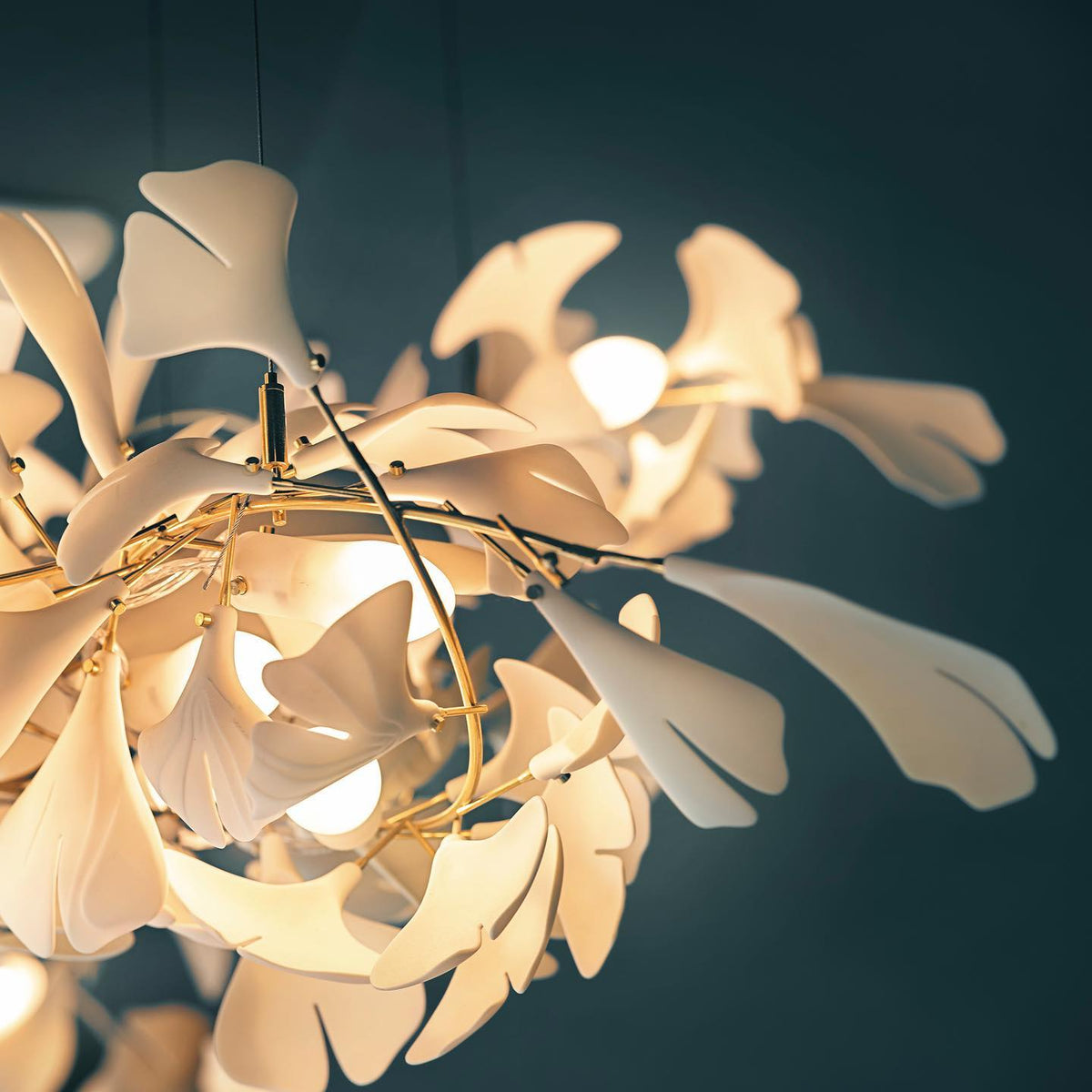 Gingko Leaves Linear Chandelier – Hand-Cast Porcelain Sculptural Pendant Light