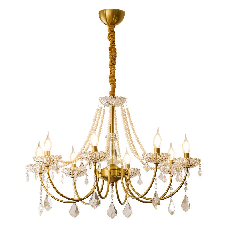 Glamour Pearl Crystal Chandelier for Dining Room and Living Room, Gold Brass LED Ceiling Light