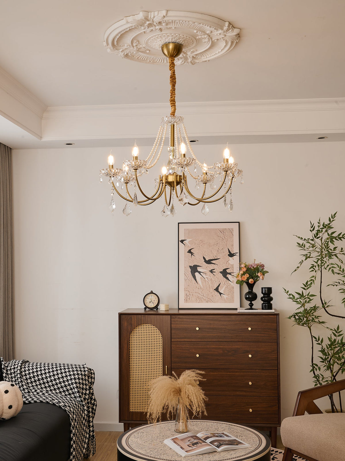 Glamour Pearl Crystal Chandelier for Dining Room and Living Room, Gold Brass LED Ceiling Light