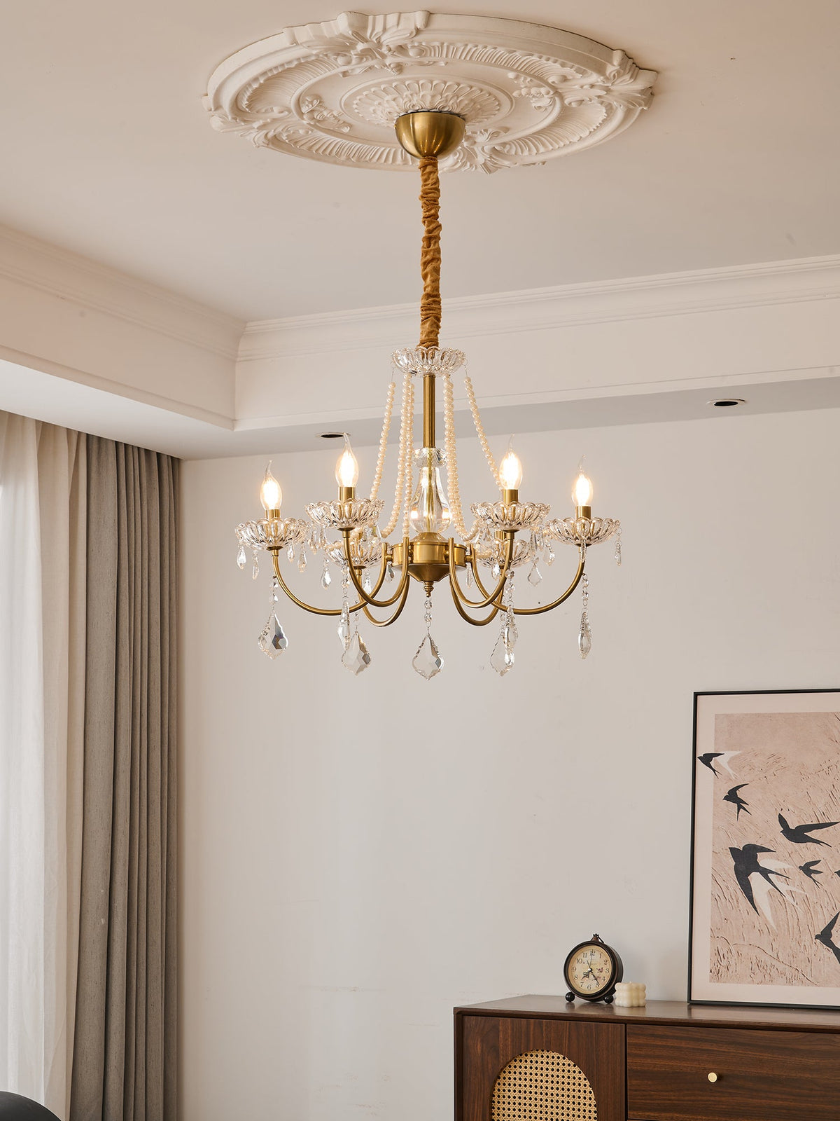Glamour Pearl Crystal Chandelier for Dining Room and Living Room, Gold Brass LED Ceiling Light