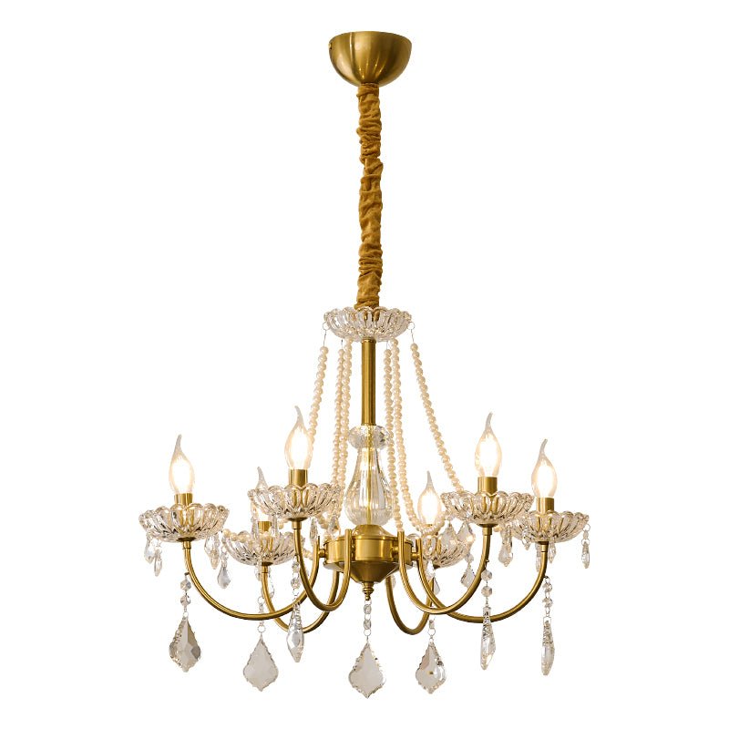 Glamour Pearl Crystal Chandelier for Dining Room and Living Room, Gold Brass LED Ceiling Light