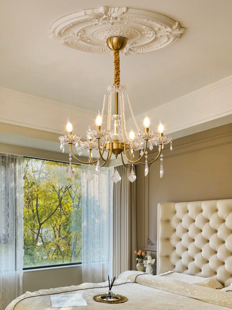 Glamour Pearl Crystal Chandelier for Dining Room and Living Room, Gold Brass LED Ceiling Light