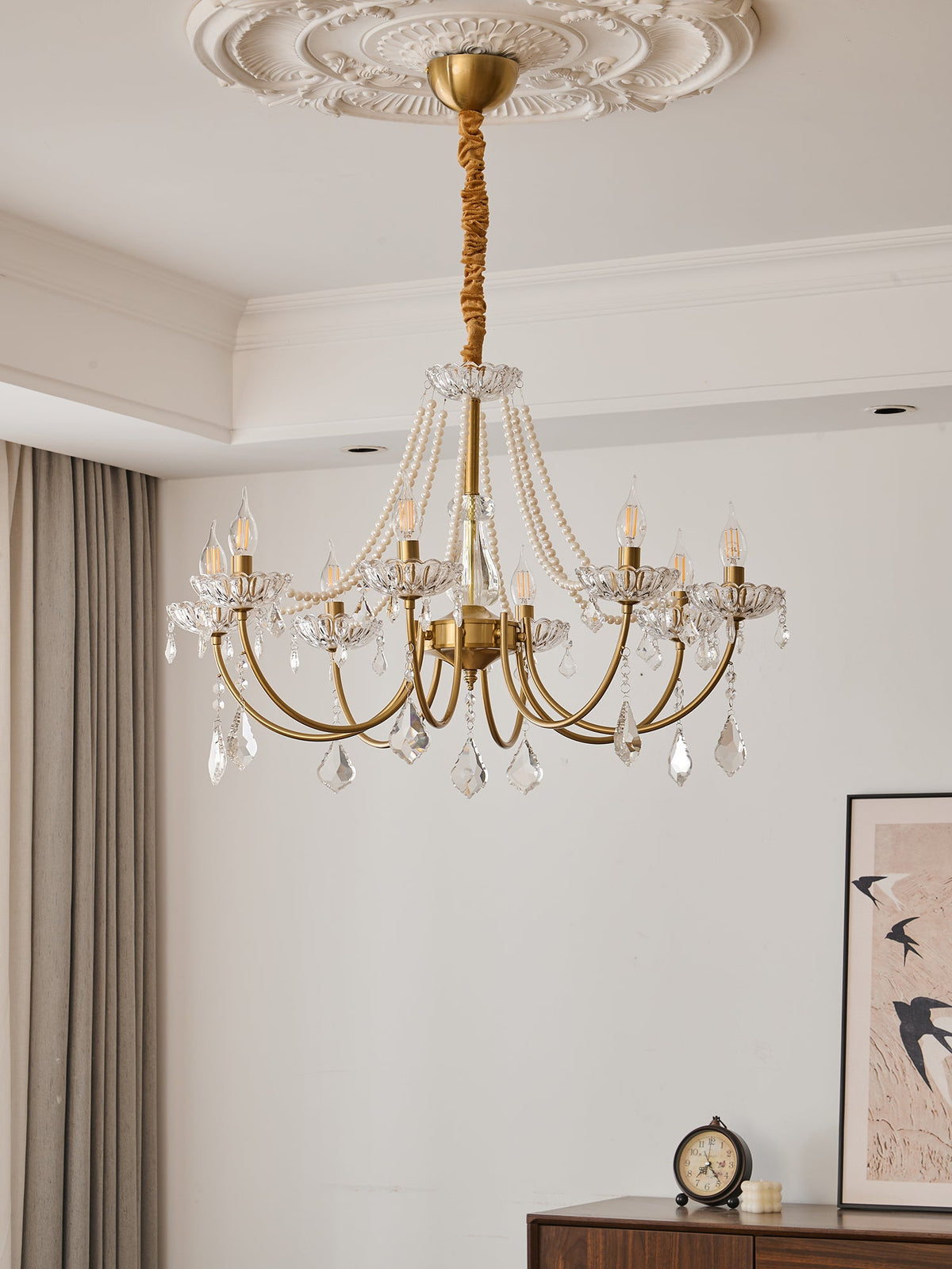 Glamour Pearl Crystal Chandelier for Dining Room and Living Room, Gold Brass LED Ceiling Light
