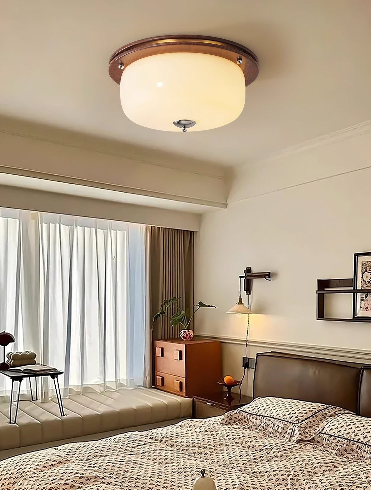 Aurelia Frosted Glass Dome Ceiling Light with Walnut Wood Accents