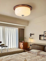 Aurelia Frosted Glass Dome Ceiling Light with Walnut Wood Accents