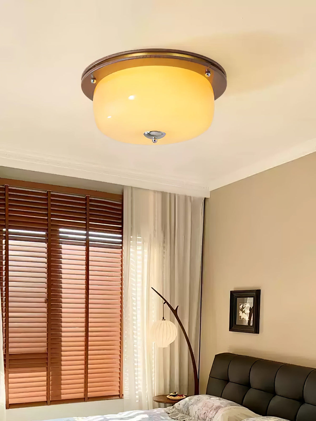 Aurelia Frosted Glass Dome Ceiling Light with Walnut Wood Accents