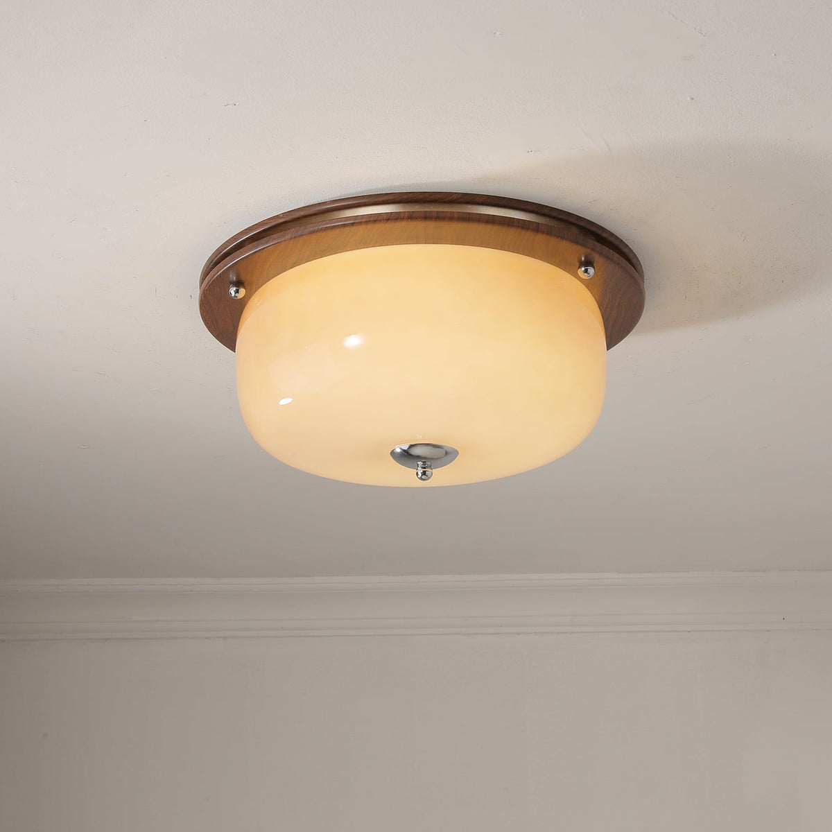 Aurelia Frosted Glass Dome Ceiling Light with Walnut Wood Accents
