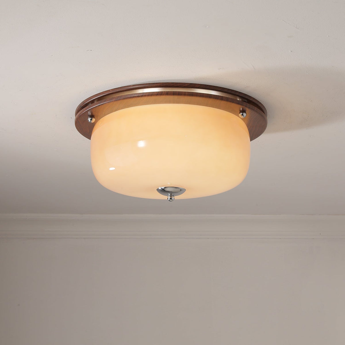 Aurelia Frosted Glass Dome Ceiling Light with Walnut Wood Accents