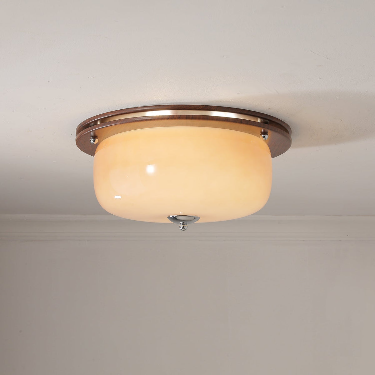 Aurelia Frosted Glass Dome Ceiling Light with Walnut Wood Accents