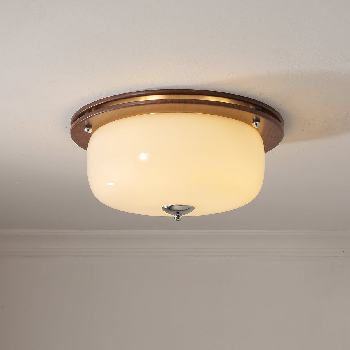 Aurelia Frosted Glass Dome Ceiling Light with Walnut Wood Accents