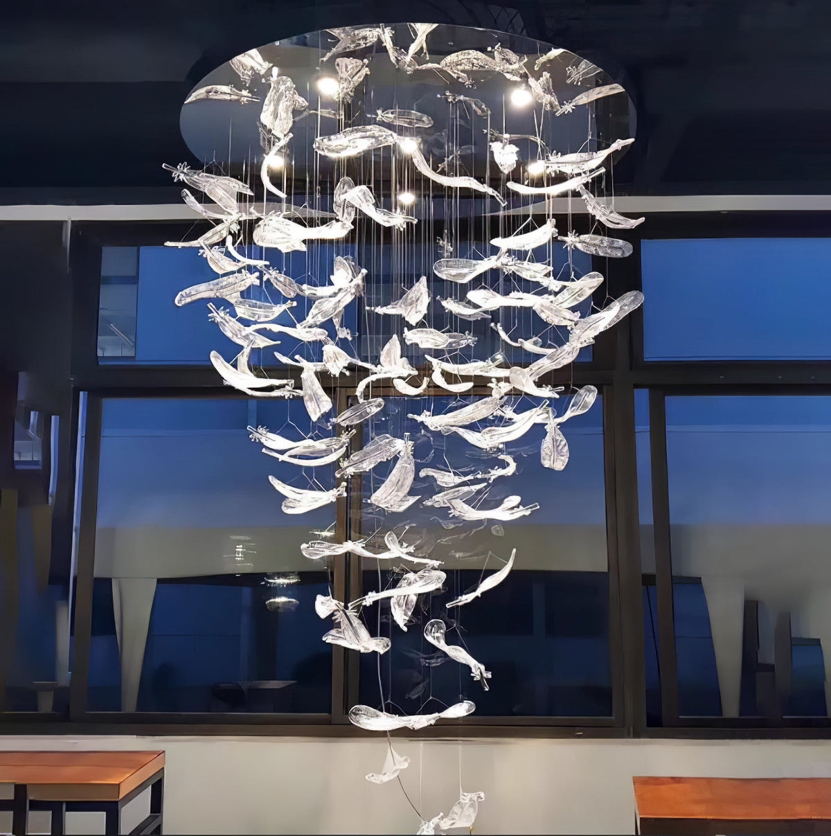 Glass Feathers Flying Chandelier — Modern LED Statement Pendant for Dining & Living Rooms