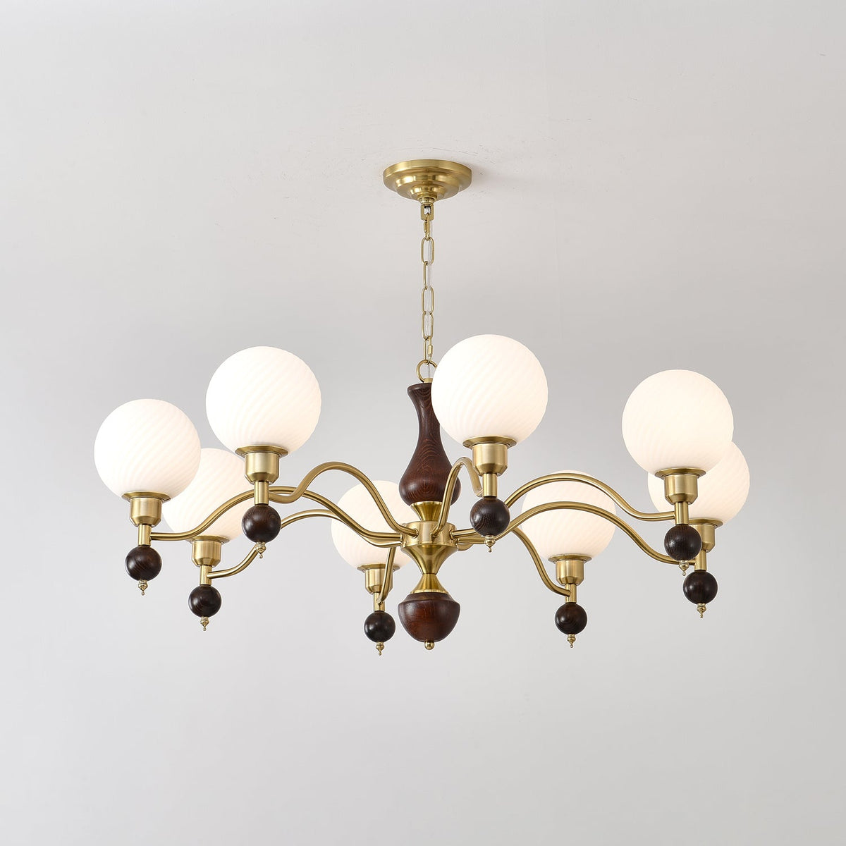 Globe Orb Walnut Wood Chandelier with Gold Accents