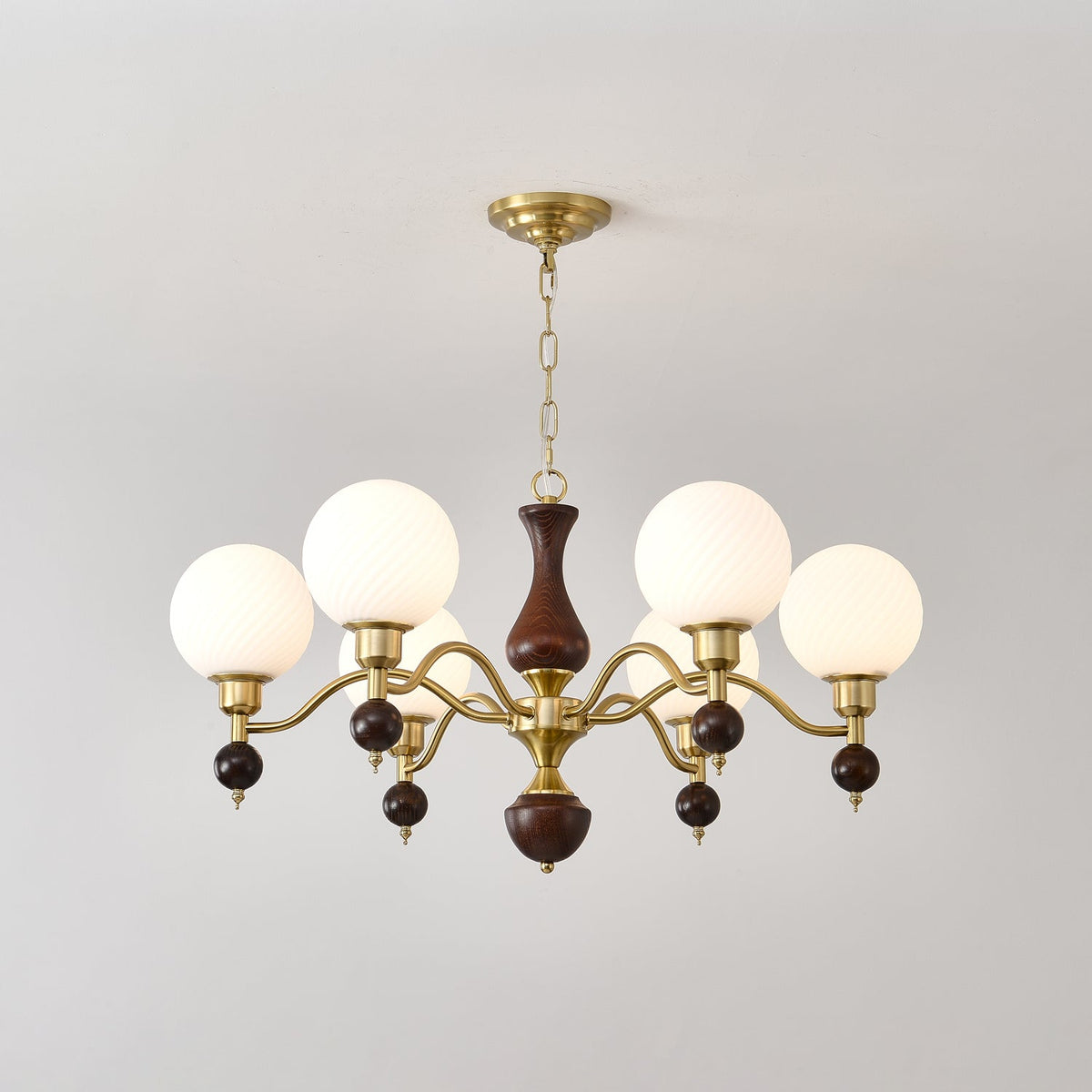 Globe Orb Walnut Wood Chandelier with Gold Accents