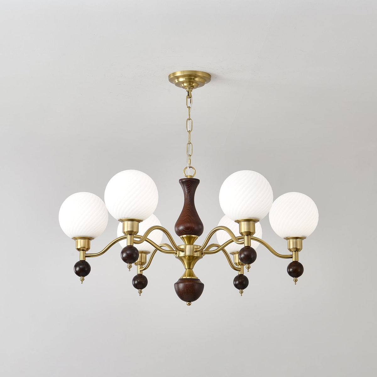 Globe Orb Walnut Wood Chandelier with Gold Accents