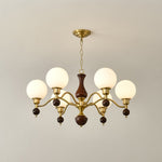Globe Orb Walnut Wood Chandelier with Gold Accents