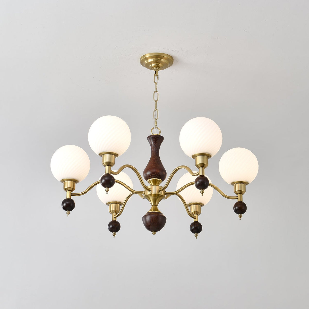 Globe Orb Walnut Wood Chandelier with Gold Accents