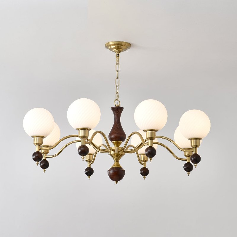 Globe Orb Walnut Wood Chandelier with Gold Accents