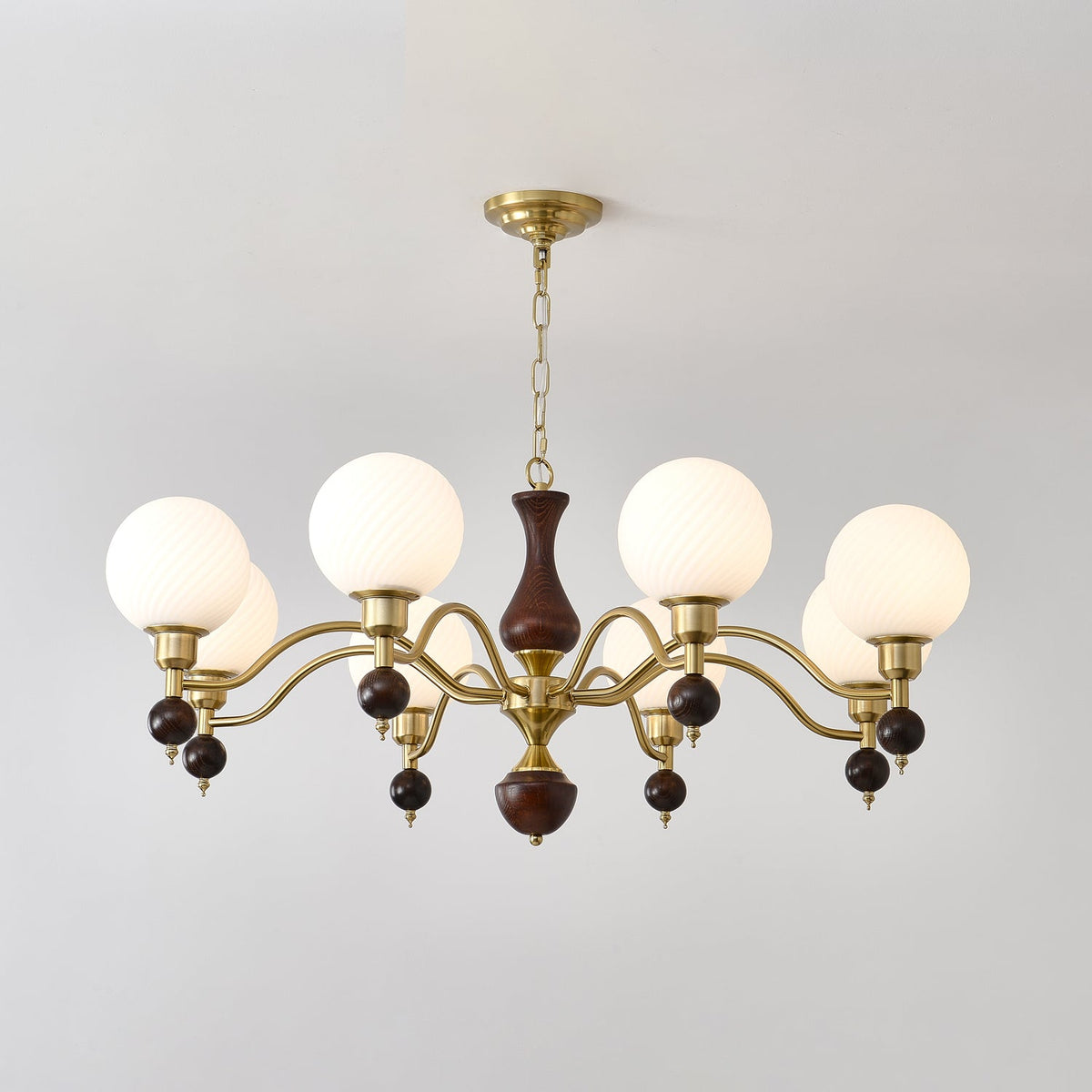 Globe Orb Walnut Wood Chandelier with Gold Accents