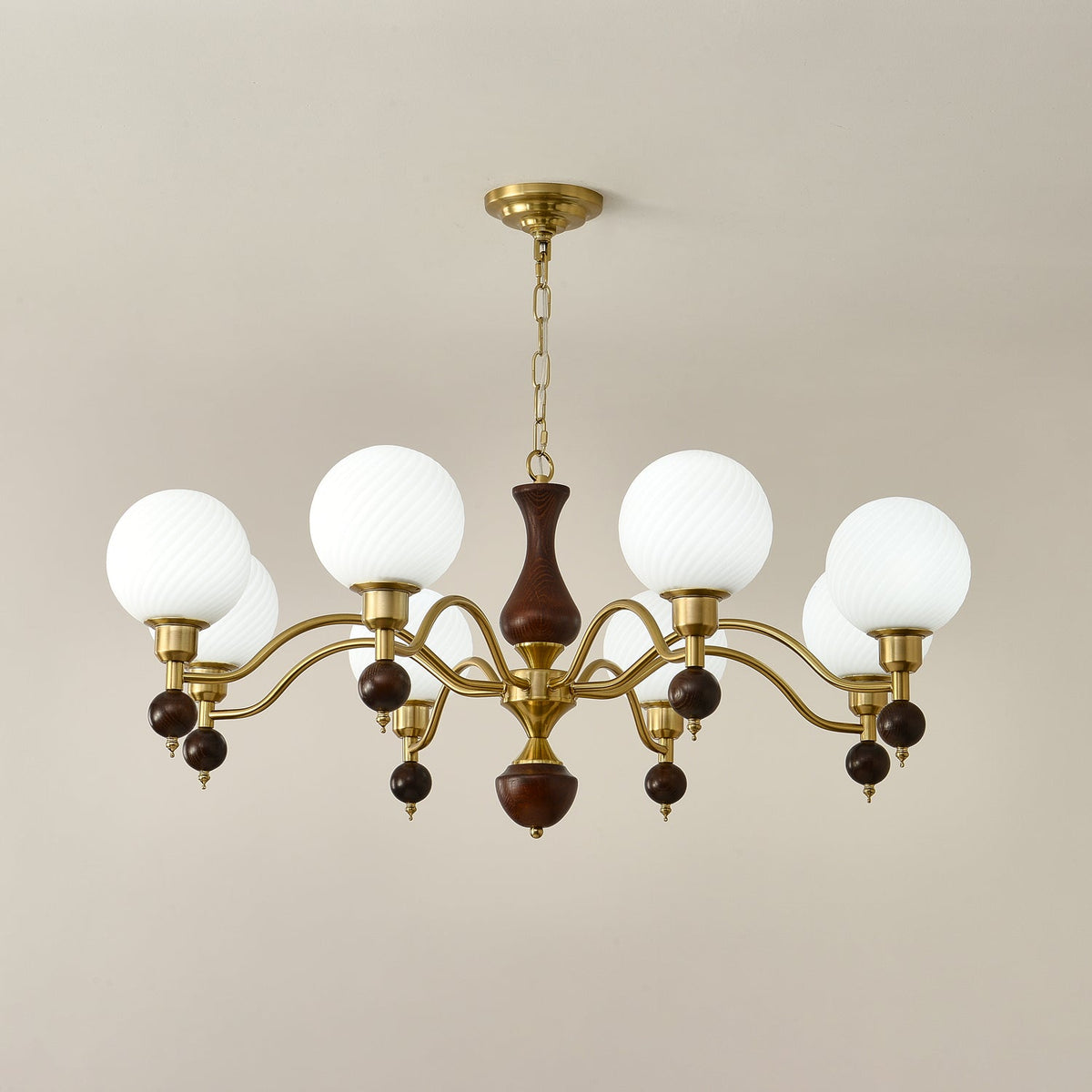 Globe Orb Walnut Wood Chandelier with Gold Accents