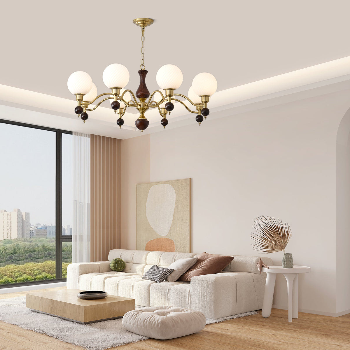 Globe Orb Walnut Wood Chandelier with Gold Accents