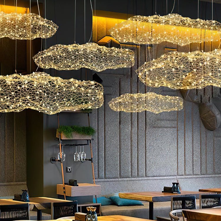 Golden Cloud Weave Pendant Light – Artisan Metal LED Hanging Lamp for Modern Interiors