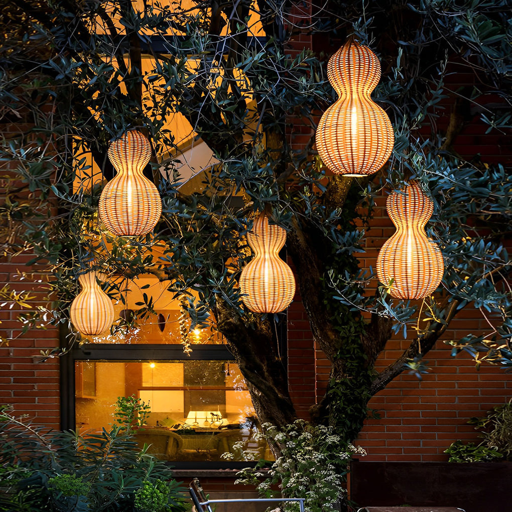Woven Rattan Gourd Hanging Lamp Outdoor Pendant Light For Patio
