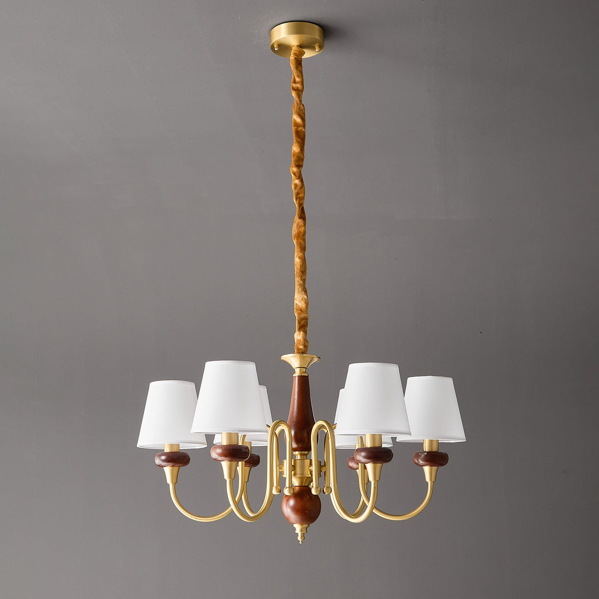 Grandiose Wood & Brass Chandelier with Fabric Shades for Dining Room and Foyer