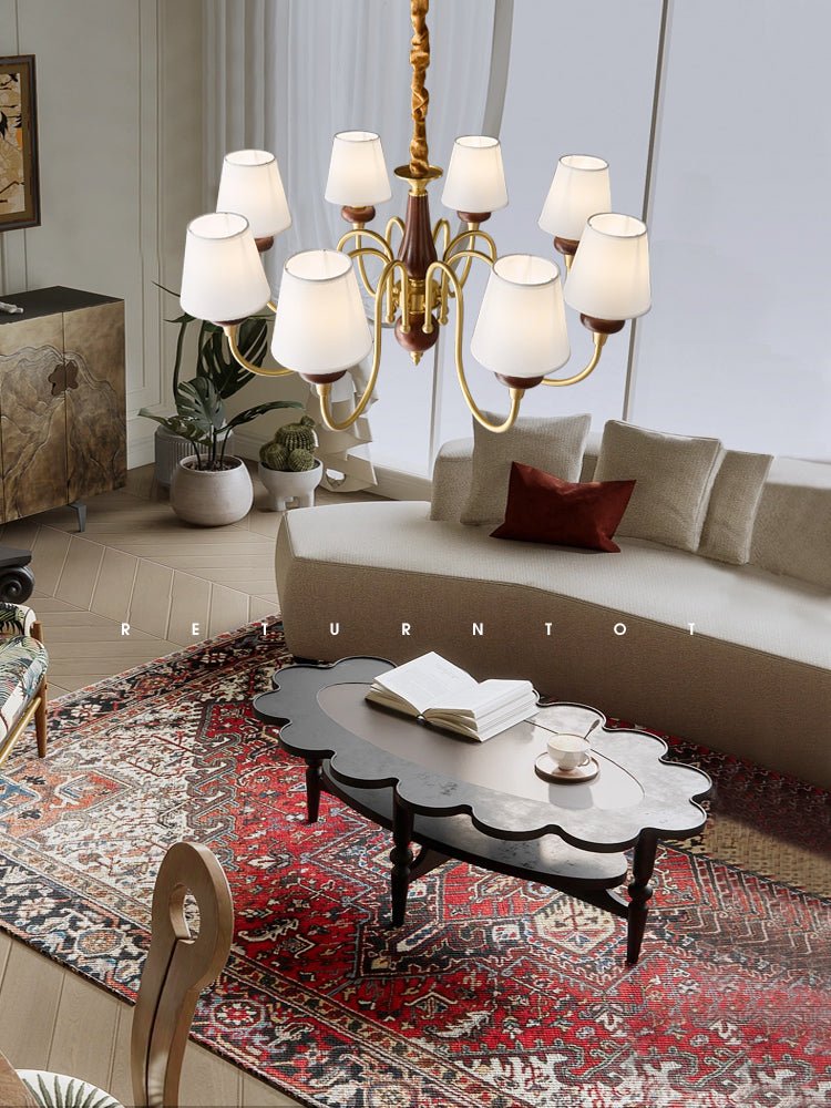 Grandiose Wood & Brass Chandelier with Fabric Shades for Dining Room and Foyer