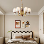 Grandiose Wood & Brass Chandelier with Fabric Shades for Dining Room and Foyer