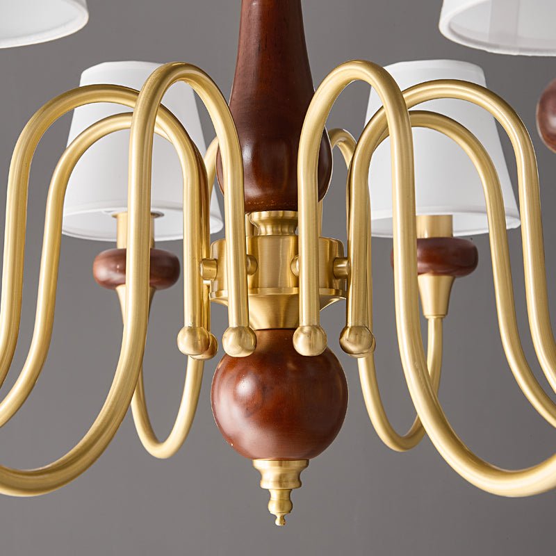 Grandiose Wood & Brass Chandelier with Fabric Shades for Dining Room and Foyer