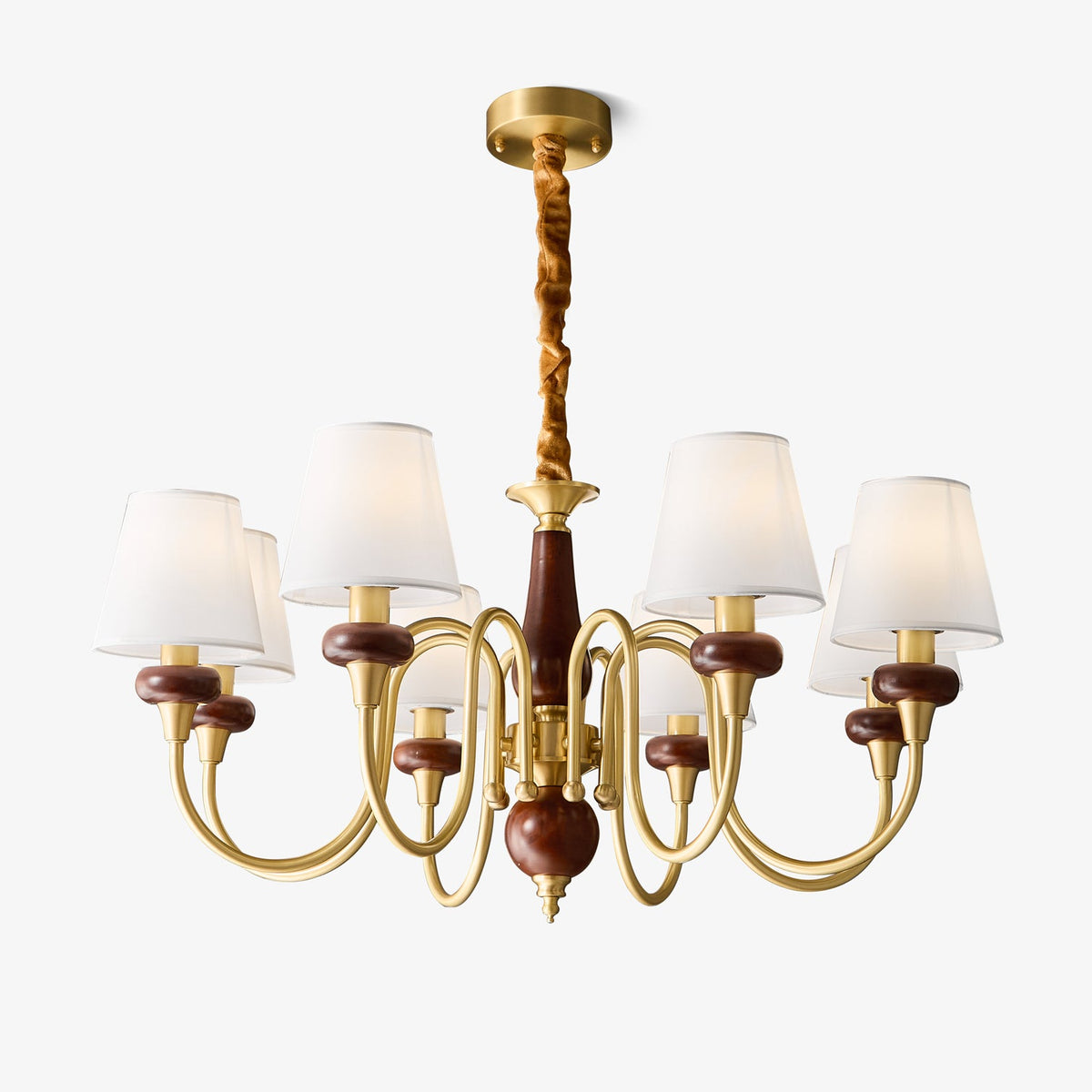 Grandiose Wood & Brass Chandelier with Fabric Shades for Dining Room and Foyer