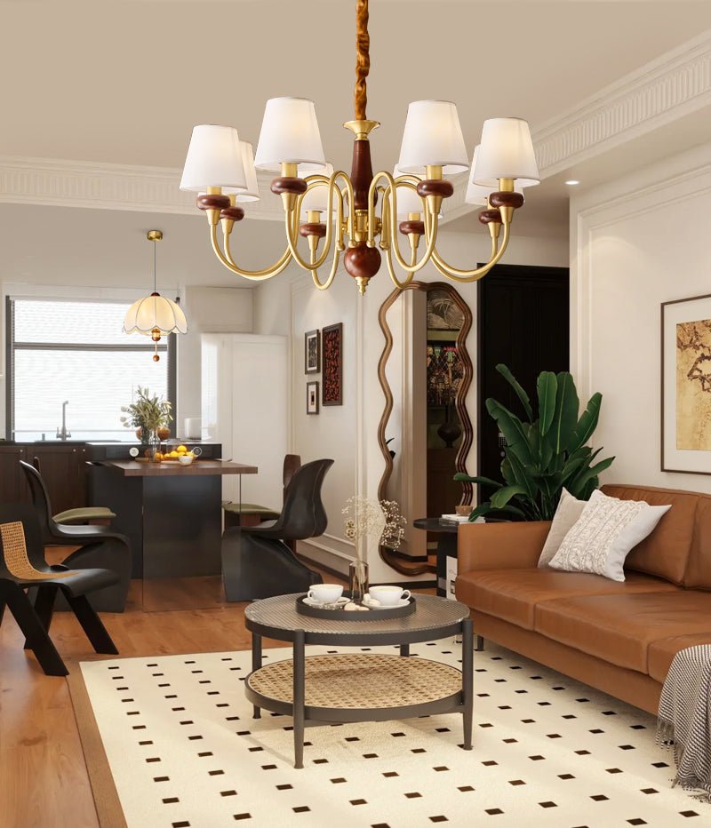 Grandiose Wood & Brass Chandelier with Fabric Shades for Dining Room and Foyer