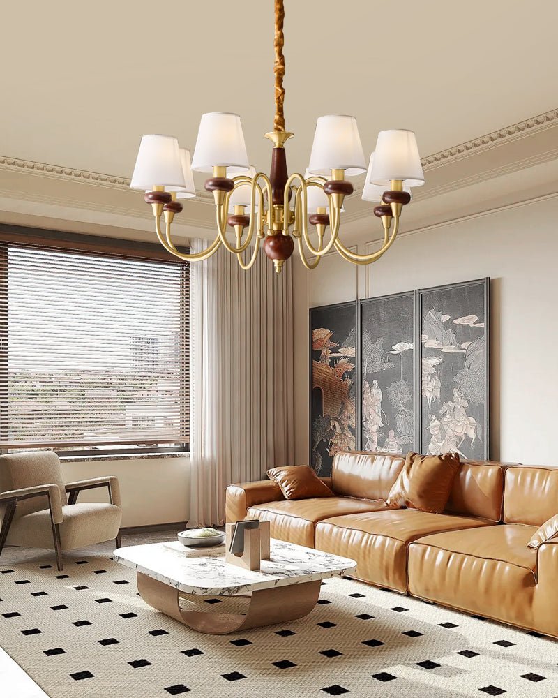 Grandiose Wood & Brass Chandelier with Fabric Shades for Dining Room and Foyer