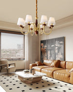 Grandiose Wood & Brass Chandelier with Fabric Shades for Dining Room and Foyer